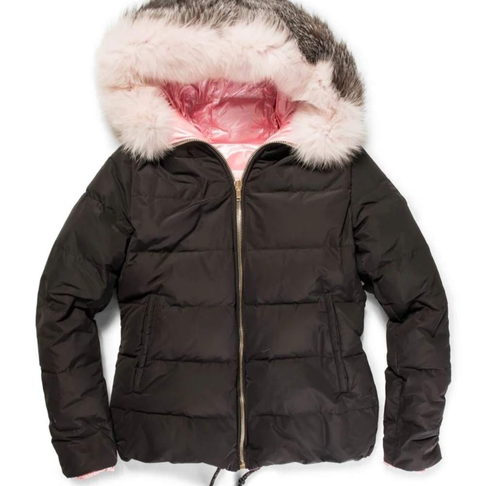 GORSKI Black Pink Metallic Reversible Down Puffer Ski Jacket Fox Fur Trim Hood